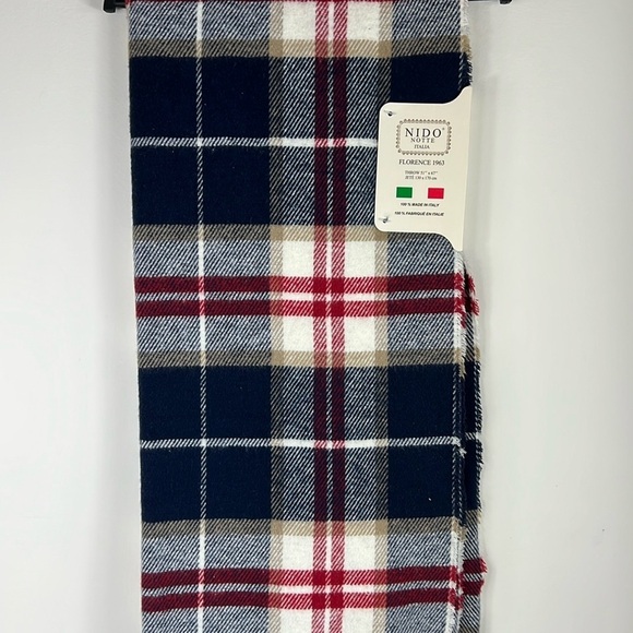 NIDO Plaid Throw Blanket with Fringe Made in Italy 51" x 67" Navy Red White NEW - Picture 1 of 8